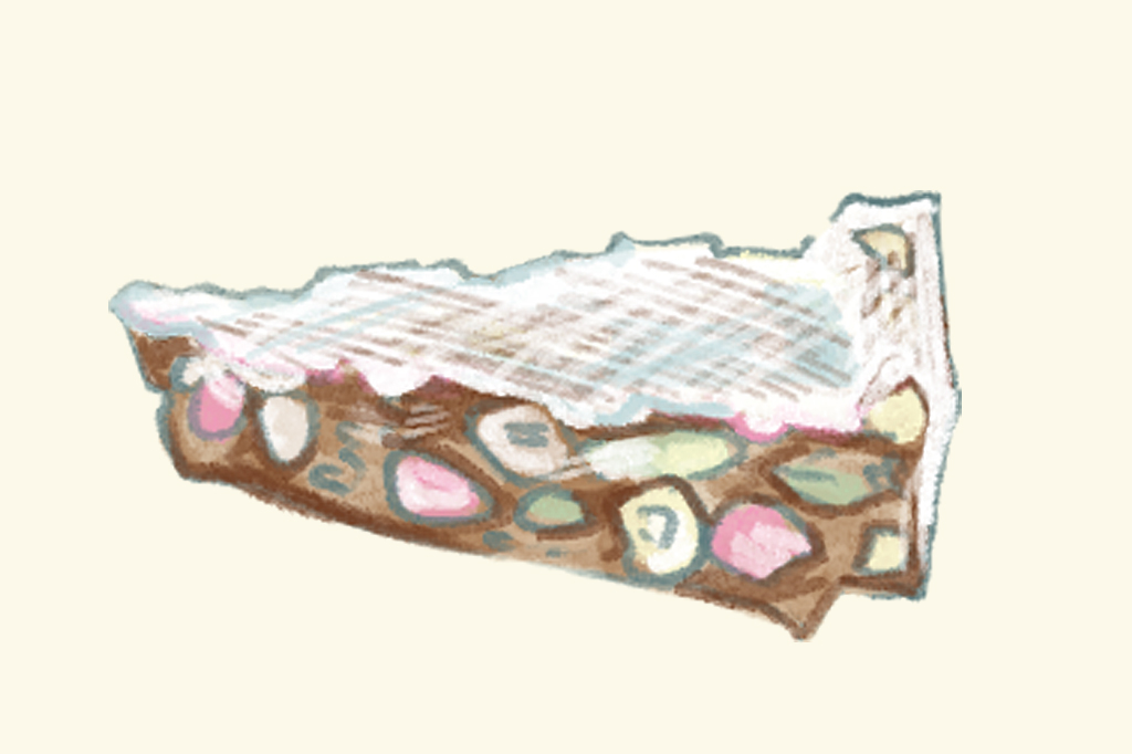 Ilustra&ccedil;&atilde;o, em fundo creme, de uma fatia de torta.