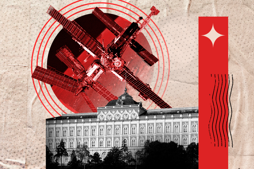 Colagem com sat&eacute;lite vermelho sobre c&iacute;rculo conc&ecirc;ntrico, pr&eacute;dio cinza com telhado escuro e faixa vertical vermelha com estrela branca e linhas pretas onduladas, em fundo texturizado.