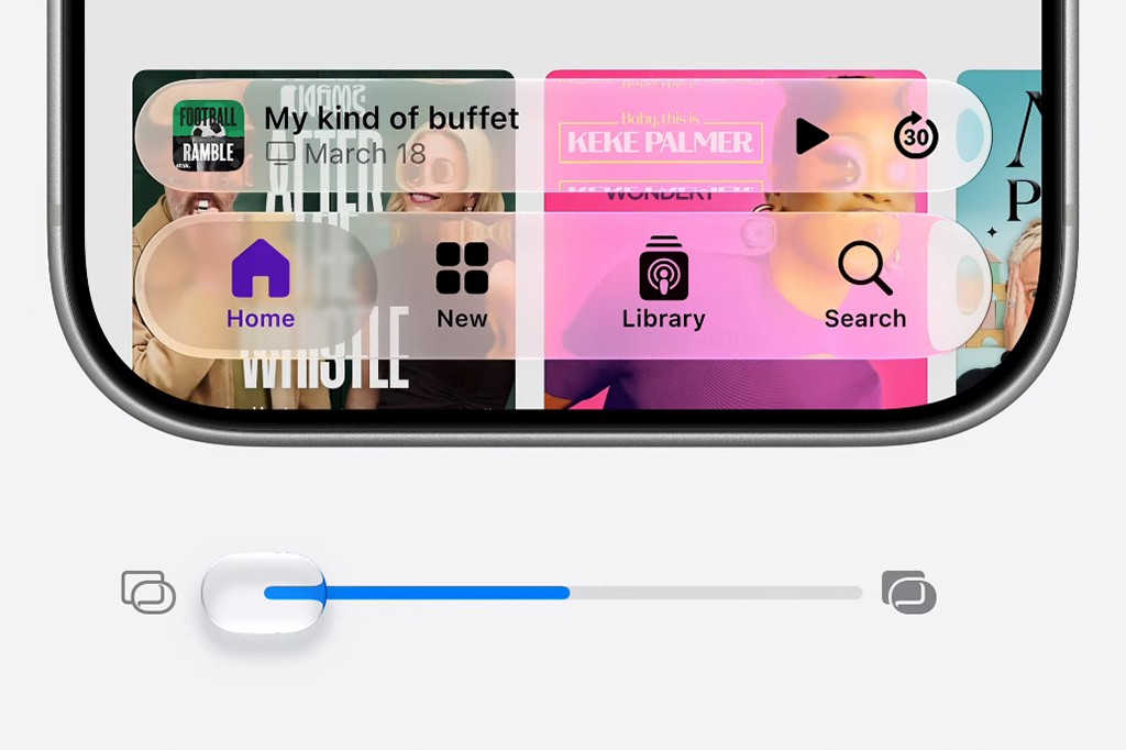 Interface de smartphone com tela exibindo conte&uacute;do de m&iacute;dia e barra de navega&ccedil;&atilde;o transl&uacute;cida com &iacute;cones Home, New, Library e Search. Abaixo, um controle deslizante azul com um bot&atilde;o branco e &iacute;cones de janelas em cada extremidade