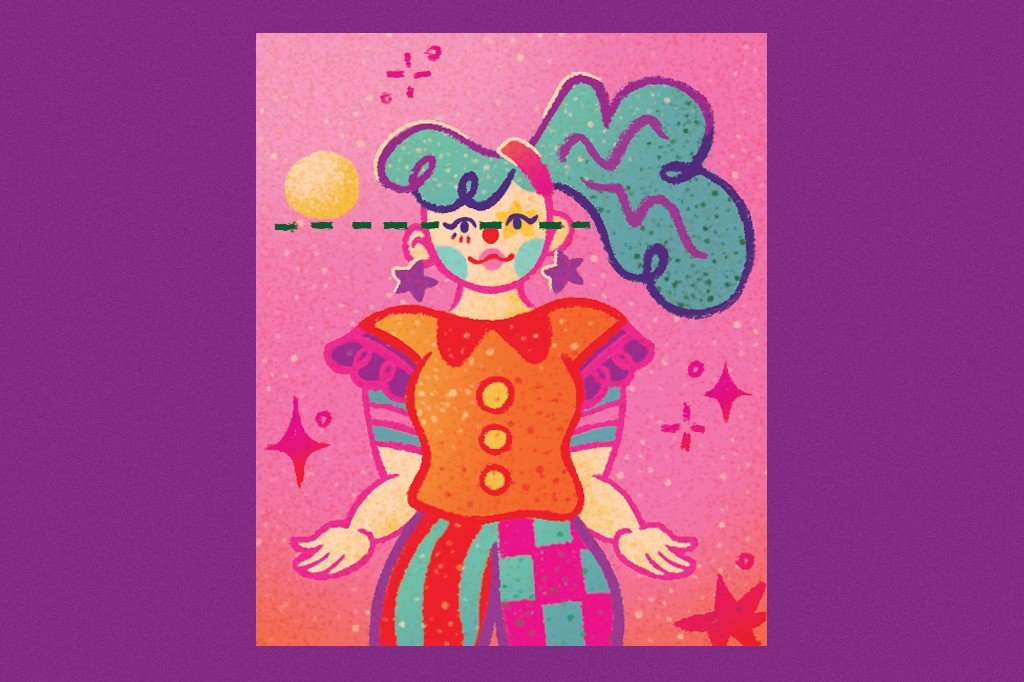 Ilustra&ccedil;&atilde;o de uma palha&ccedil;a com maquiagem colorida, cabelo azul-turquesa preso em rabo de cavalo, e roupa laranja, rosa e azul. Uma linha tracejada verde atravessa seus olhos, e um c&iacute;rculo amarelo est&aacute; &agrave; esquerda da cabe&ccedil;a. O fundo &eacute; rosa com brilhos.