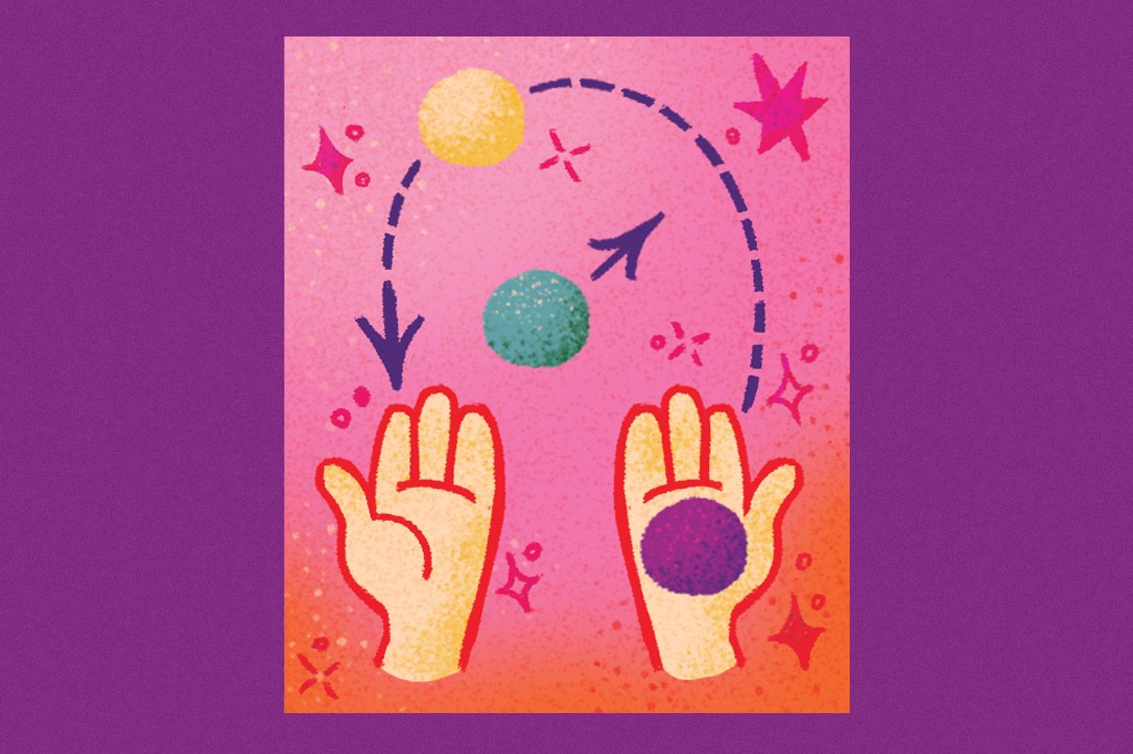 Ilustra&ccedil;&atilde;o de duas m&atilde;os abertas, com uma bola roxa na palma da m&atilde;o direita. Acima, uma bola amarela e uma azul flutuam, conectadas por setas tracejadas que indicam movimento entre elas e para as m&atilde;os, em um fundo rosa com estrelas e brilhos.