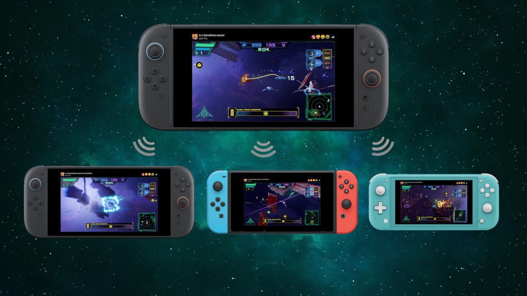 Quatro consoles de videogame port&aacute;teis exibindo um jogo de nave espacial, conectados por sinais de Wi-Fi, em um fundo de espa&ccedil;o sideral