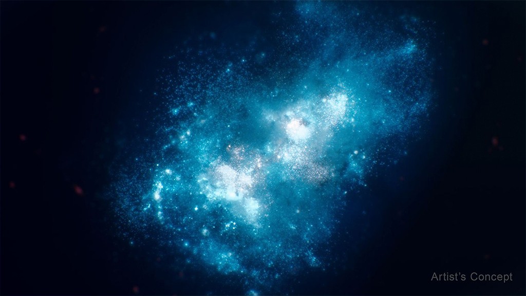Nuvens de g&aacute;s e poeira c&oacute;smica em tons de azul brilhante, com pontos luminosos que representam estrelas, em um fundo escuro do espa&ccedil;o. No canto inferior direito, l&ecirc;-se Artists Concept.
