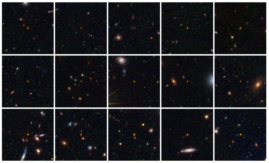 Grade de 15 imagens individuais, cada uma mostrando um campo escuro do espa&ccedil;o com m&uacute;ltiplas gal&aacute;xias e estrelas distantes em tons de branco, amarelo, laranja e azul