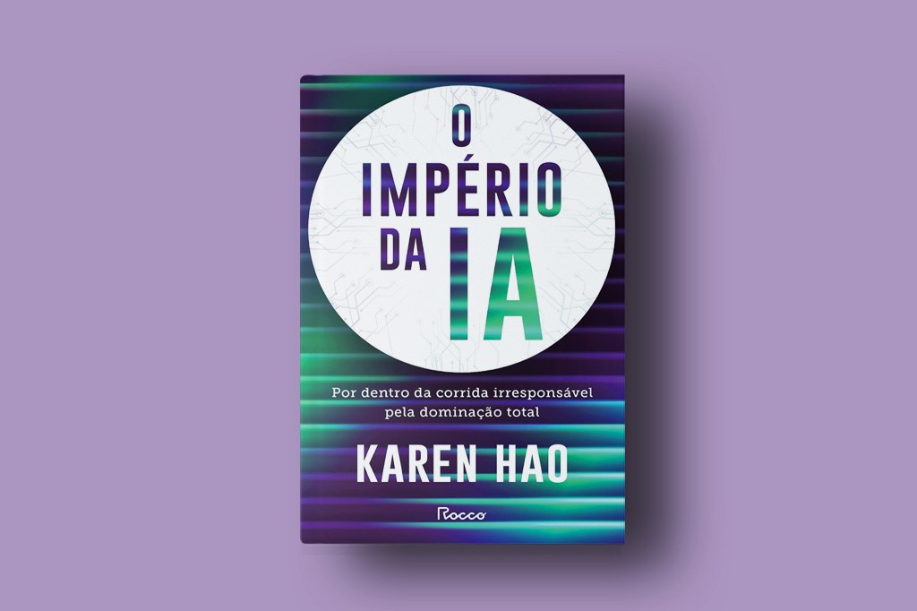Capa do livro O Imp&eacute;rio da IA de Karen Hao, com fundo roxo e listras horizontais em tons de azul e verde. O t&iacute;tulo est&aacute; em destaque dentro de um c&iacute;rculo branco com padr&otilde;es de circuito, e o subt&iacute;tulo Por dentro da corrida irrespons&aacute;vel pela domina&ccedil;&atilde;o total aparece abaixo