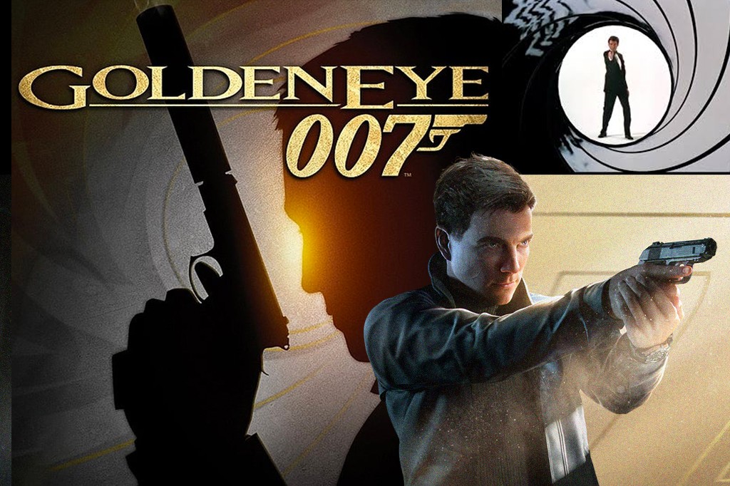 Capa do jogo GoldenEye 007, com o t&iacute;tulo dourado. &Agrave; esquerda, uma silhueta escura de uma m&atilde;o segurando uma arma. &Agrave; direita, um homem de casaco escuro, com express&atilde;o s&eacute;ria, mira uma pistola prateada. No canto superior direito, um c&iacute;rculo branco com um homem de terno preto e gravata, de costas, segurando uma arma, dentro de um cano de arma girat&oacute;rio.