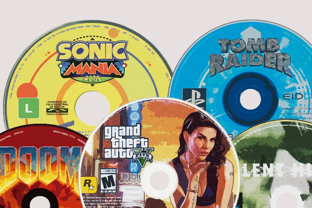 Discos de jogos eletr&ocirc;nicos sobrepostos: Sonic Mania Plus, Tomb Raider, Grand Theft Auto V, Doom e um disco verde com texto ileg&iacute;vel.