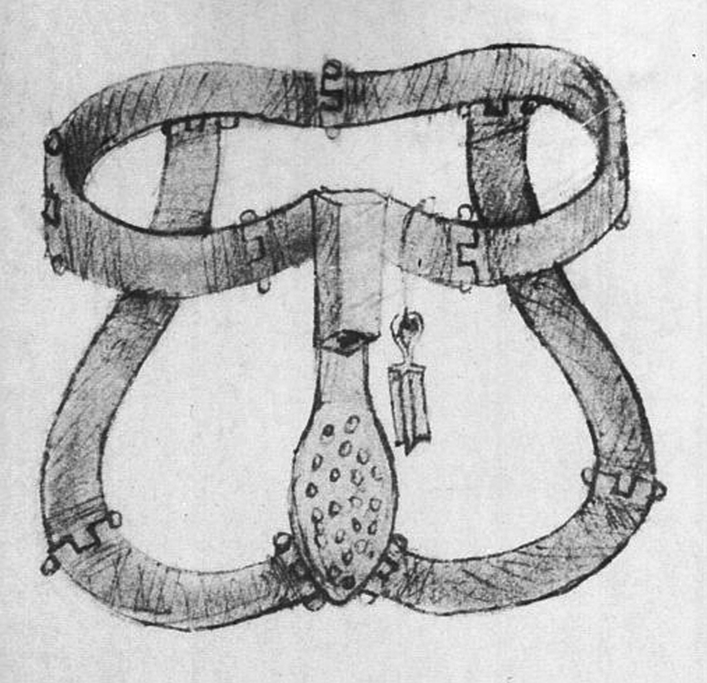 Desenho em preto e branco de um cinto de castidade medieval, com duas faixas horizontais e duas verticais, conectadas por dobradi&ccedil;as e pinos. Uma pe&ccedil;a central em forma de pera, com pequenos orif&iacute;cios, pende da parte superior, e um cadeado com chave est&aacute; preso &agrave; lateral