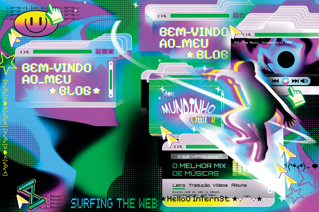 Ilustração vibrante com janelas de navegador em estilo retrô, texto pixelado BEM-VINDO AO MEU BLOG e SURFING THE WEB. Um surfista digital desliza sobre uma onda de dados, com ícones de música e um cursor de mão, remetendo à internet dos anos 2000.