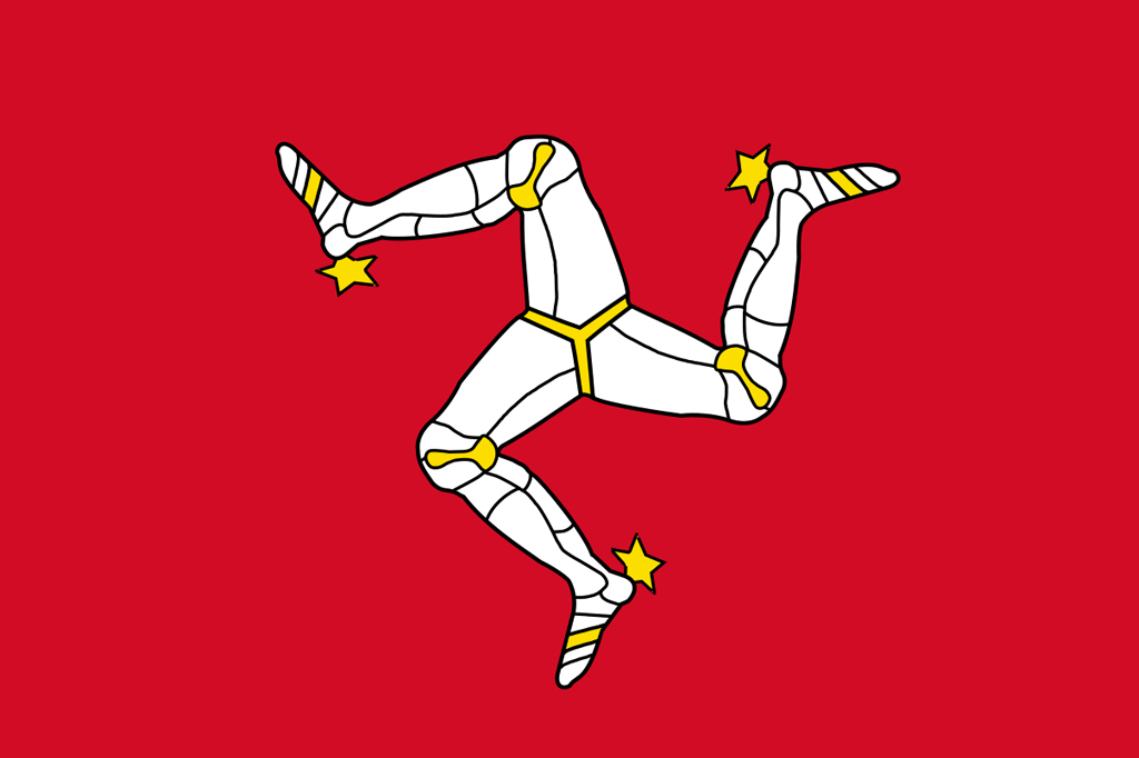 Bandeira da Ilha de Man, com um triskelion de tr&ecirc;s pernas brancas dobradas, unidas no centro, com joelhos e calcanhares marcados em amarelo, sobre um fundo vermelho. Estrelas amarelas adornam os p&eacute;s.
