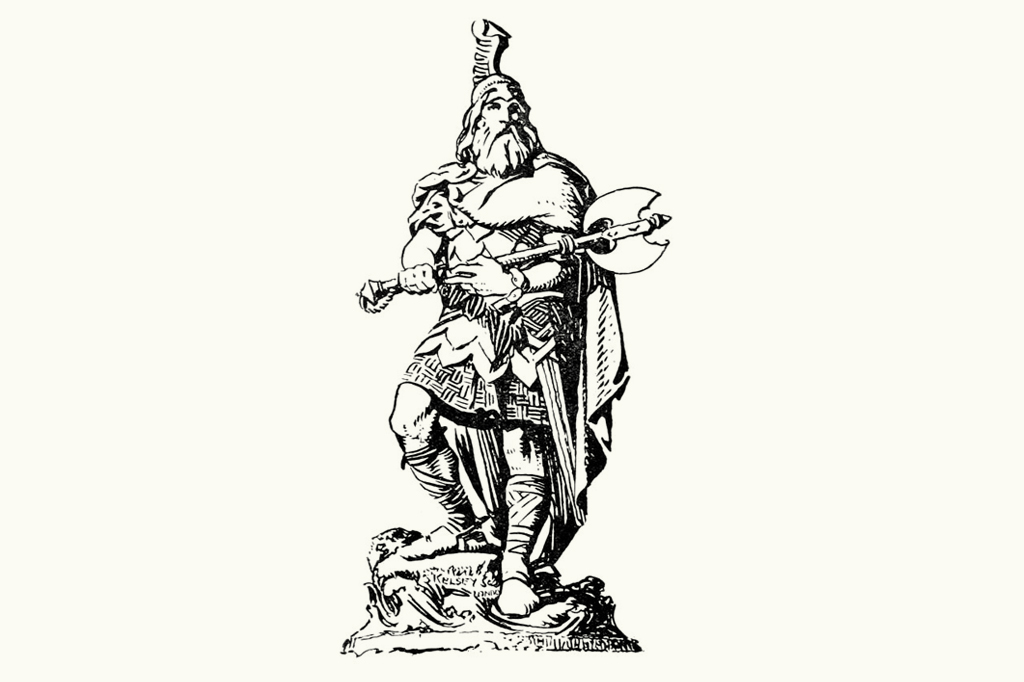Ilustra&ccedil;&atilde;o em preto e branco de um guerreiro n&oacute;rdico barbudo, com capacete, armadura e capa, segurando um machado de duas l&acirc;minas e um martelo, sobre uma base rochosa