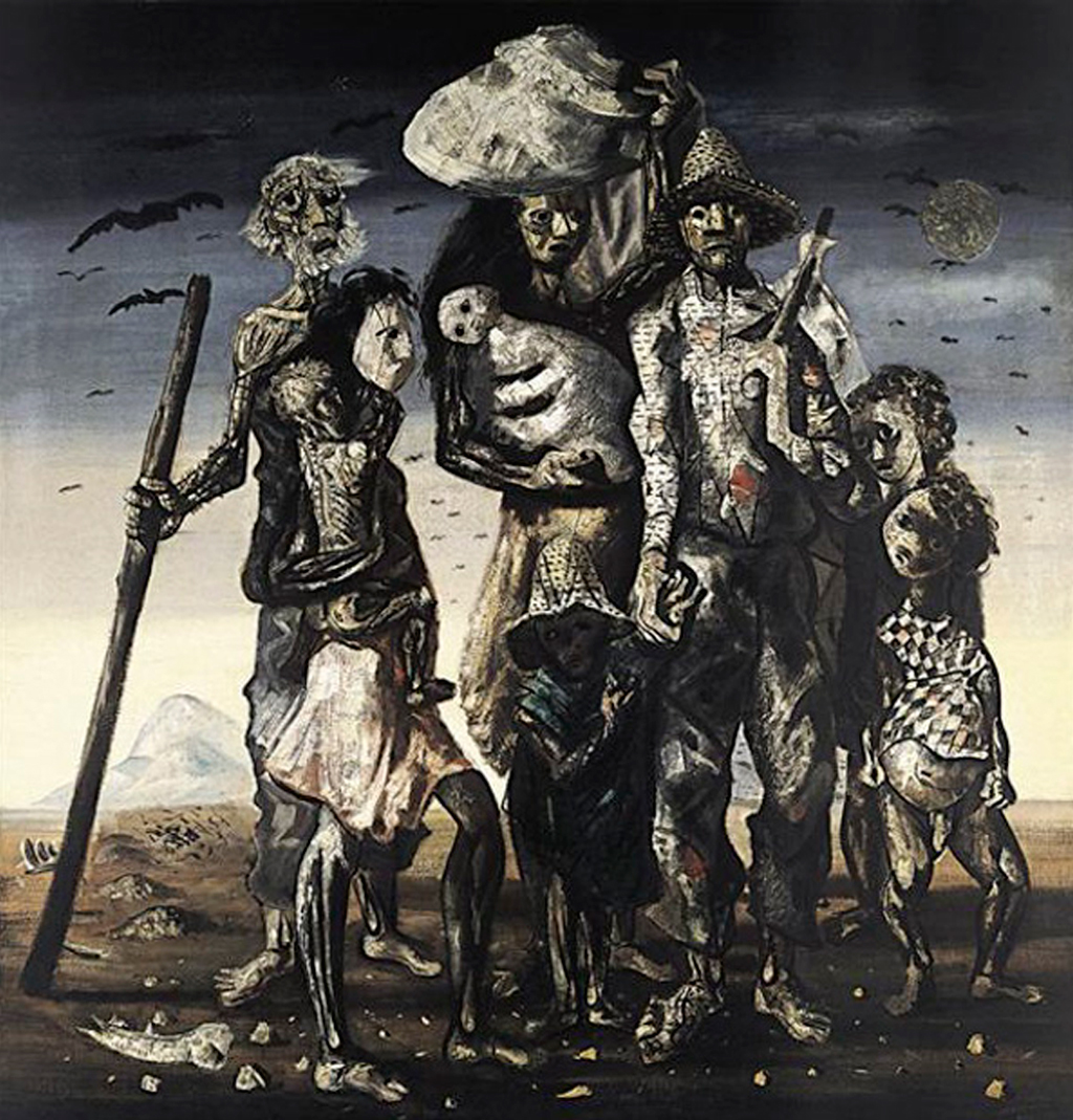 Pintura de uma fam&iacute;lia de retirantes nordestinos, com figuras esquel&eacute;ticas e rostos marcados pela fome. Um homem idoso com cajado, uma mulher carregando um beb&ecirc;, um homem com chap&eacute;u de palha e duas crian&ccedil;as, todos em um cen&aacute;rio &aacute;rido com montanhas ao fundo e p&aacute;ssaros no c&eacute;u escuro
