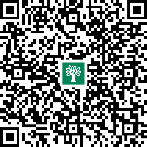 C&oacute;digo QR preto e branco com um quadrado verde no centro, contendo um &iacute;cone branco de uma &aacute;rvore com folhas