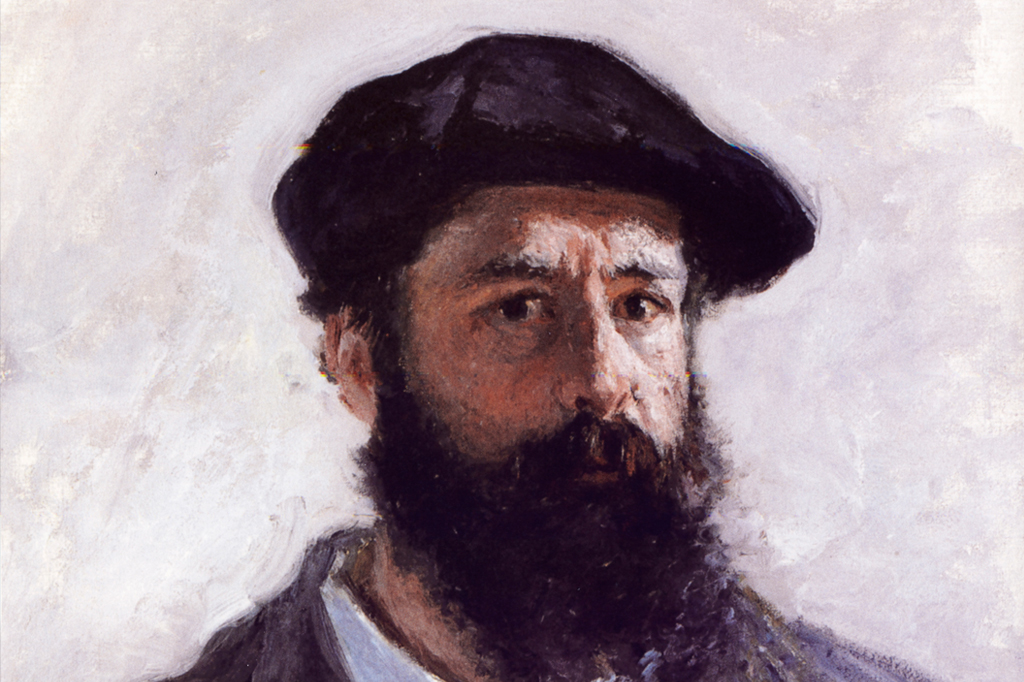 Autorretrato de Claude Monet, usando uma boina escura, olhando para frente. Ele tem barba e cabelo castanhos escuros, pele rosada e olhos castanhos. O fundo é branco com pinceladas visíveis