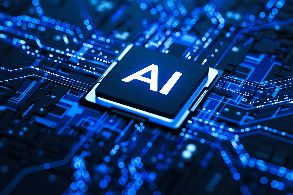 Um chip de computador preto com as letras brancas AI no centro, cercado por circuitos eletrônicos azuis brilhantes e pontos de luz, sugerindo fluxo de dados e tecnologia avançada
