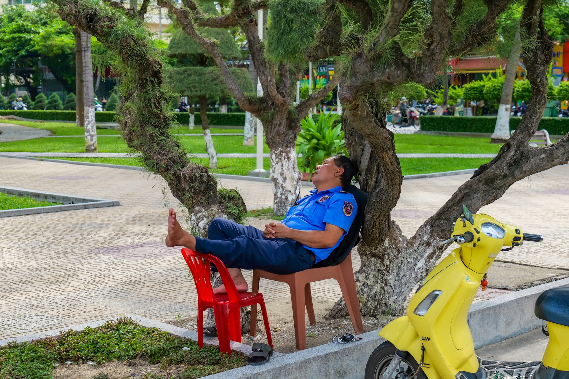 Homem de uniforme azul dormindo em duas cadeiras de plástico sob uma árvore frondosa, com os pés descalços apoiados em uma cadeira vermelha e uma scooter amarela estacionada ao lado, em um parque urbano com gramado e calçadas